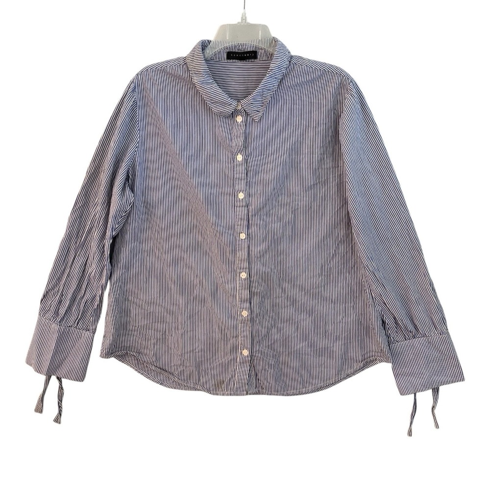 Sanctuary Top Striped Button Down Shirt XL Lace Up Back Blue White Cotton Nautic
